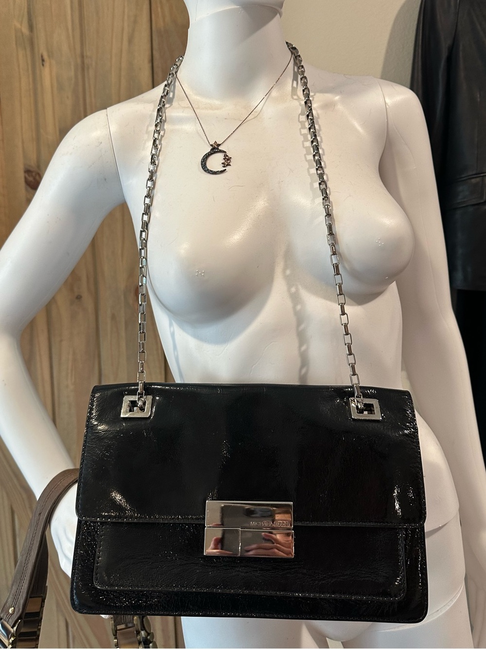 Michael Kors Collection Black Patent Shoulder Bag with Silver Chain Strap